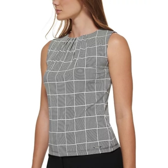 Calvin Klein Sleeveless Gingham Pleated Tank Top Blouse Black White Size M - Picture 1 of 11